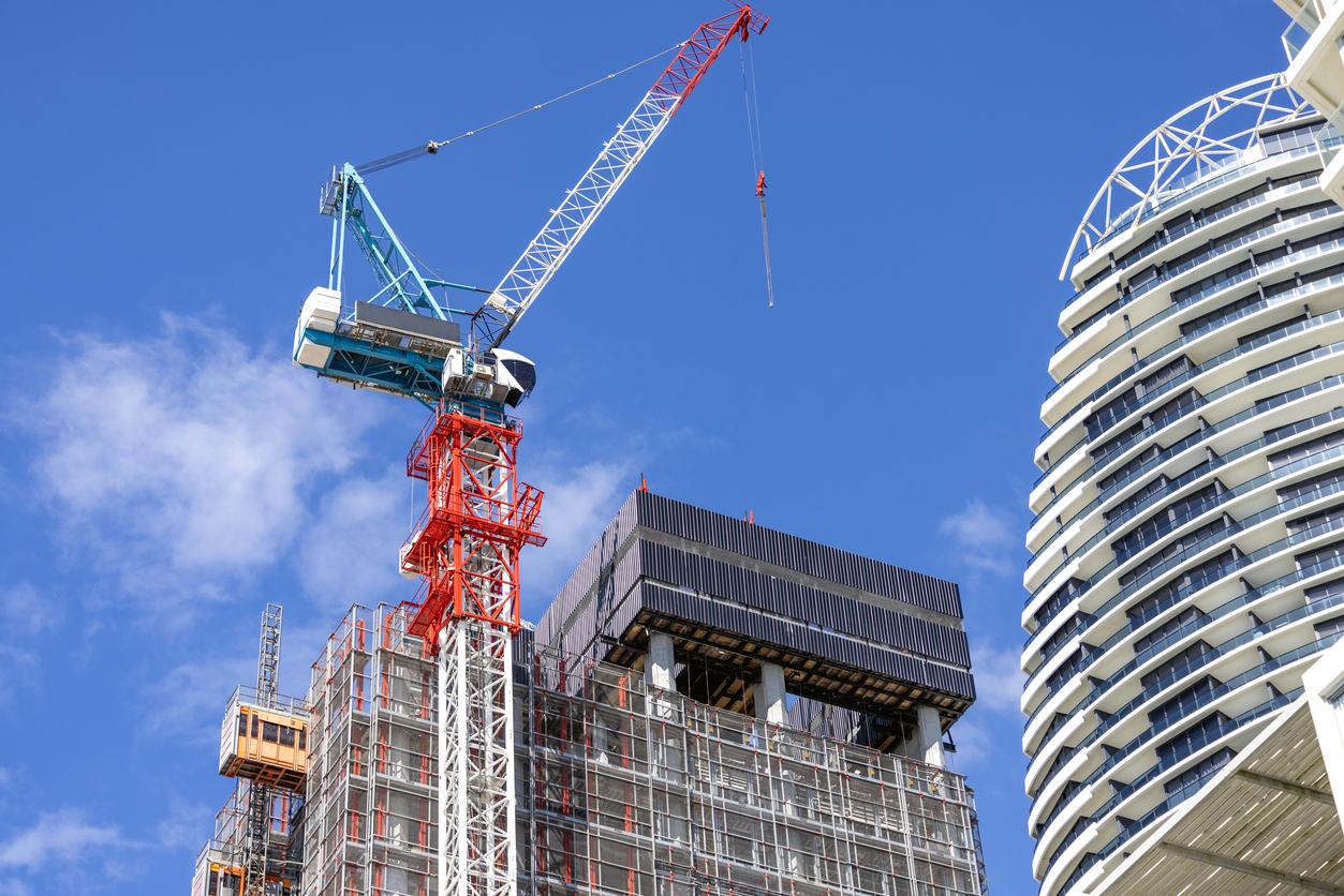 Construction of skyscraper in the city, background with copy space